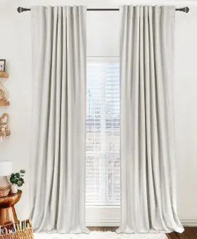 P2beige5096 100% Blackout Shield Linen Curtains For Bedroom 96 Inches Long Back