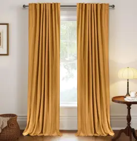 P2mustardyellow5084 100% Blackout Shield Linen Curtains For Bedroom 84 Inches Long Back
