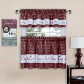 Achim 054006250662 Live Love Laugh Window Curtain Tier Pair And Valance Set Burgundy 58x24