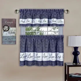 Achim 054006250761 Live Love Laugh Window Curtain Tier Pair And Valance Set Navy 58x24