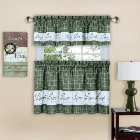 Achim 054006250808 Live Love Laugh Window Curtain Tier Pair And Valance Set Green 58x36