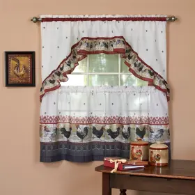 Achim 054006629925 Rooster-printed Tier And Swag Window Treatment Burgundy 57x24
