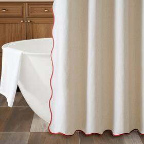 Aesthaboho Waveccsc18307 Beige Scalloped Shower Curtain Linen Textured With 12 Metal Hooks Cute Heavy