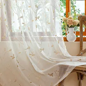 Amx1029-22-2 Amhoo 2 Panels Embroidered Leaf Pattern Semi Sheer Curtains Foliage Floral Vo