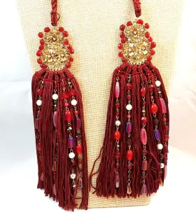 Wta1230a Baroque Vintage Gold Tone/red Silk Fringe Rhinestones Pearls Beads Tassel Pair