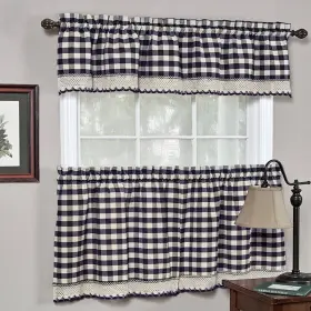 Bed Bath N More 641427562384 Classic Navy Cotton-blend Buffalo Check Kitchen Curtain Set Tier Pair 36x58