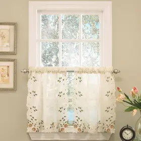 Bed Bath N More 642049065864 Old World Floral Embroidered Sheer Kitchen Curtain Parts- Linen Tier Pair 58 X 2