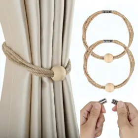 A12255 Bel Avenir Jute Magnetic Curtain Tiebacks Wood Bead Holdbacks For Window Draper