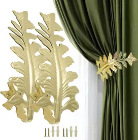 Hx0670 Bitray Curtain Tiebacks Gold Vintage Big Leaf Design Holdbacks Drapery