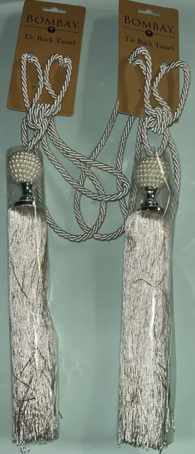 115882 Bombay New Set 2 Tie Back Rope Braided Tassel Sparkle / Beige Silver White