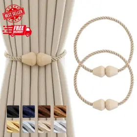Contoeey 313106063092 Curtain Tiebacks Wooden Magnetic Tie Backs Boho 2 Pack Rope Hold