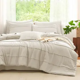 Cozylux 840175618231 Comforter Set Queen Size Beige 7 Pieces Soft Pinch Pleat Bed In A Ba