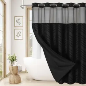 Craidlela 640712025757 No Hooks Boho Black Shower Curtain Set With Snap-in Liner Farmhouse Woven Fa