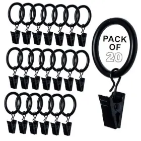 Cc-b-5 Curtain Cloud Rings With Clips 1 Inch Set Of 20 Heavy Duty - Pack Black