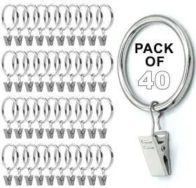 Curtain Clouds 860004913863 Silver Rings With Clips 1.5 Inch Set Of 40 Heavy Duty Hooks