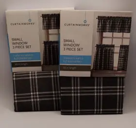 Curtain Works 646998667964 Small Window 3-piece Kitchen Valance And 2 Tiers Lodge Plaid Grey Lot Of