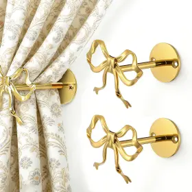 Hpclgg001 Cxomnndiw 2-piece Gold Bow Curtain Tiebacks Metal Wall-mounted Holdbacks