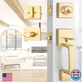 B0cc4rql9l Ehomeware Gold Front Door Handle Set Brass Heavy Duty Square Lever Single
