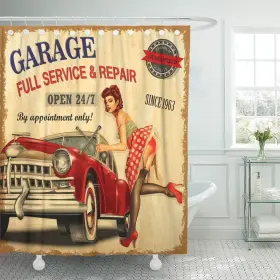 Emvency 302582550920 Decorative Shower Curtain Car Vintage Garage Retro Girl 1960s Mechani