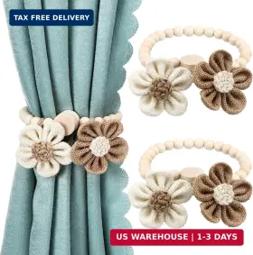 Xeu-fiwochic-2154 Fiwochic 2 Pcs Beaded Sunflower Magnetic Curtain Tiebacks Boho Wooden Tie Backs F