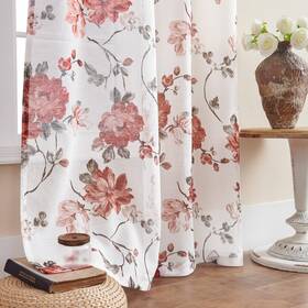 Folkside 6of1755 Sheer Floral Curtains 84 Inches Long 2 Panels Set Slub Textured Red Flower P