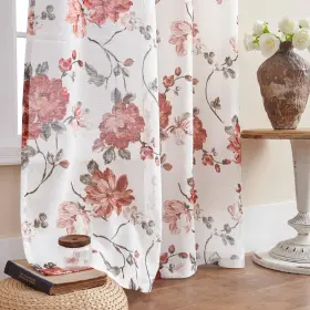 6of1755 Folkside Sheer Floral Curtains 84 Inches Long 2 Panels Set Slub Textured Red Flower P