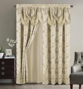 Glory Rugs 792603948697 Jacquard Luxury Window 2 Panel Set Beige Curtain With Attached Val