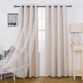 Gyrohome Gh2211-beg52120 Double Layered Curtains With Embroidered White Sheer Tulle Mix And