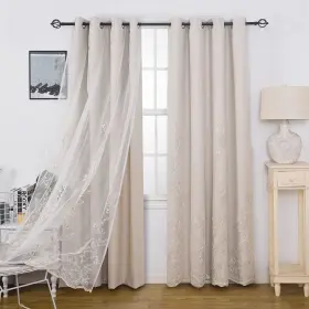 Gh2211-beg52120 Gyrohome Double Layered Curtains With Embroidered White Sheer Tulle Mix And