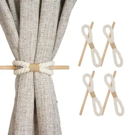 Cre009-4 Hiastra Boho Curtain Tiebacks 4 Pcs Rustic Decorative Holder Natural Cotton