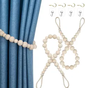 Bead-1 Hion 2 Pcs Boho Curtain Tiebacks Wood Beads Holdbacks Outdoor Farmhouse