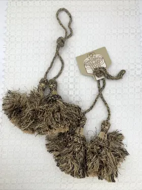 13169-108 Hobby Lobby Set 2 Large 15 Inch Tassel Rope Drapery Tie Back Two-tone Beige Black Curtain Ties