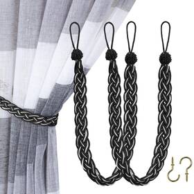 Home Queen 2p-braid-black Silver Handwoven Rope Curtain Tiebacks For Drapes 2 Pack Holdbacks With Hooks