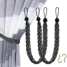 Home Queen 2p-braid-black Silver Handwoven Rope Curtain Tiebacks For Drapes 2 Pack Holdbacks With Hooks
