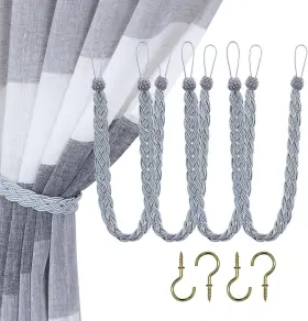 4p-braid-grey Home Queen Hand Braided Curtain Tie Back 4 Rope Belt Pack Grey