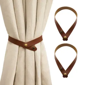 Pu-nk-2p-chocolate Home Queen Pu Leather Curtain Tiebacks Modern Faux Straps With Adjustab