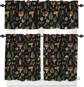 Hrozino 656935996837 Mushroom Kitchen Window Curtains And Valance 3 Pieces Set Vintage Woodland Pl