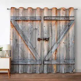 Jekeno 702103992380 Wood Barn Door Blackout Curtains Rustic Farmhouse Wooden In Retro