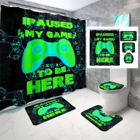 Fxm-03-gsb-29-a Kossmjx Gamer Shower Curtains For Boys 4pcs Green Games Bathroom Curtain Set