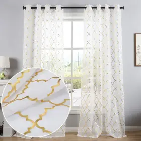 Kt027-s01 Kotile Gold And White Sheer Curtains 63 Inch Length 2 Panels Metallic Og