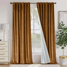 Lzrbrp2-lnr-5284c28 Lazzzy Gold Brown Blackout Velvet Curtains 84 Inch Long Thermal Insulated Roo