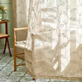 Tpustlslfem-5584v02 Lazzzy Taupe Sheer Curtains Leaf Embroidered 84 Inch Long Living Room Bedroom Voile