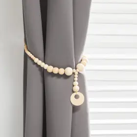 Leos Home 762744588236 2pcs Farmhouse Curtain Tiebacks Natural Wood Bead With Wooden Round Pendant