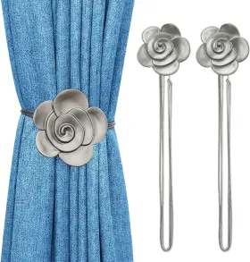 P723314174723 Lewondr Curtain Tie Magnetic Vintage Resin Flower 2 Pieces Gray Camellia
