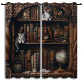 Lhroomjk 306494571844 Bookshelf Blackout Curtains For Boys Girl Bedroom Decor Library Cat