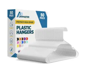 Lmplcwh50 Lifemaster 50 Pcs. Lightweight White Plastic Clothes Hangers Set With Smart Shoulder Gro