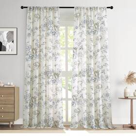 Lovous Curtains-ll0607-d-blue-84 Farmhouse Floral Curtains 84 Inch Length Linen Light Filtering French