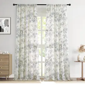 Curtains-ll0607-d-blue-84 Lovous Farmhouse Floral Curtains 84 Inch Length Linen Light Filtering French