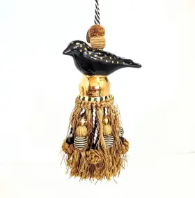 Mackenzie Childs 840115605789 Black Bird Gold Beaded Tassel 8 Inch Almost Perfect