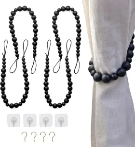 Mainevent Curtain Black4pk Wood Bead Tiebacks Set Of 4 - Boho And Farmhouse Style Pack Black